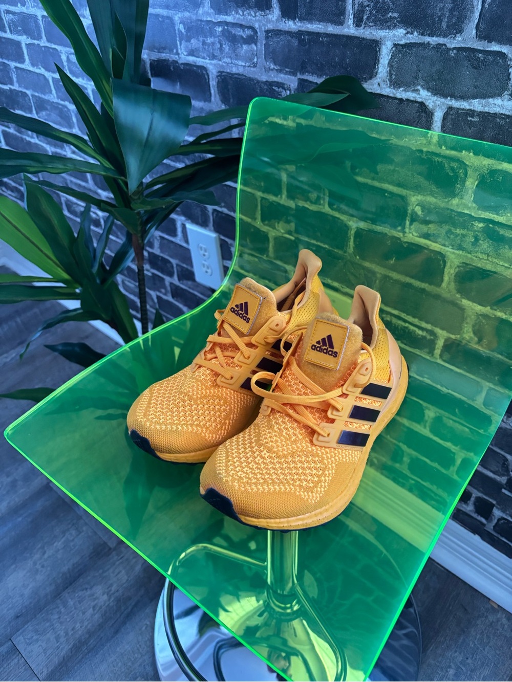 adidas Yellow Knit Running Shoes with Navy Three-Stripes